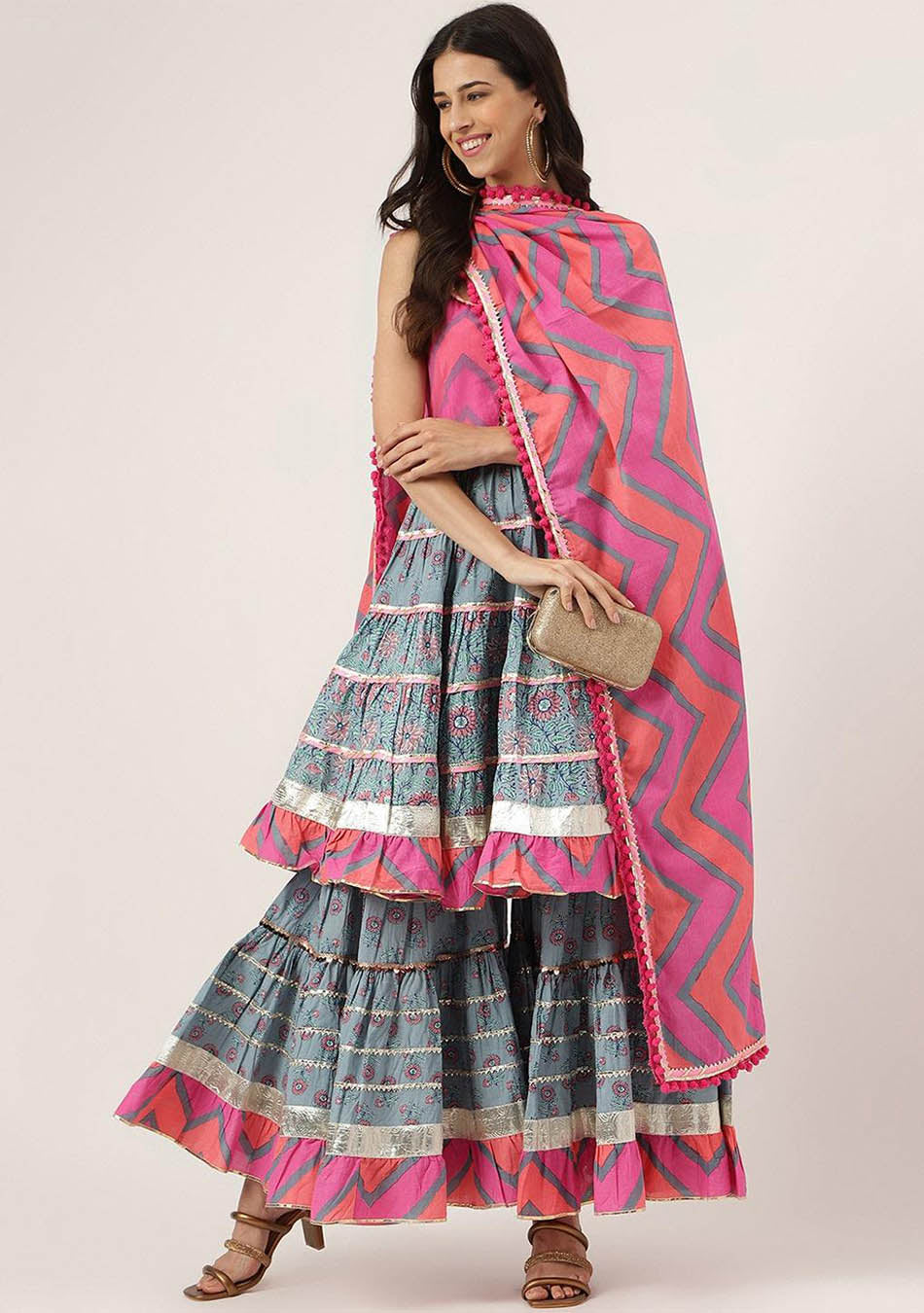 Turquoise Pink Cotton Sleeveless Anarkali Sharara Set with Dupatta