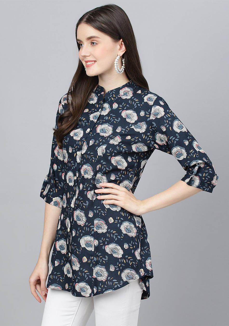 Blue Floral printed Rayon A-line Shirts Style Top