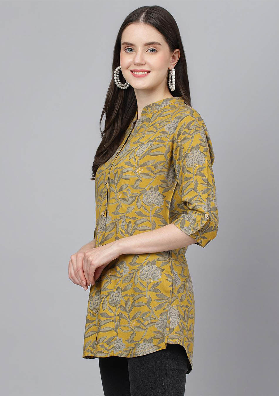 Mustard Floral printed Rayon A-line Shirts Style Top