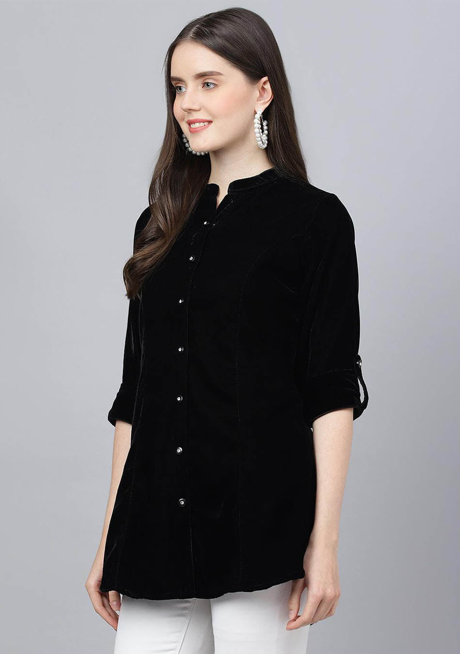 Black Solid Velvet A-line Shirts Style Top