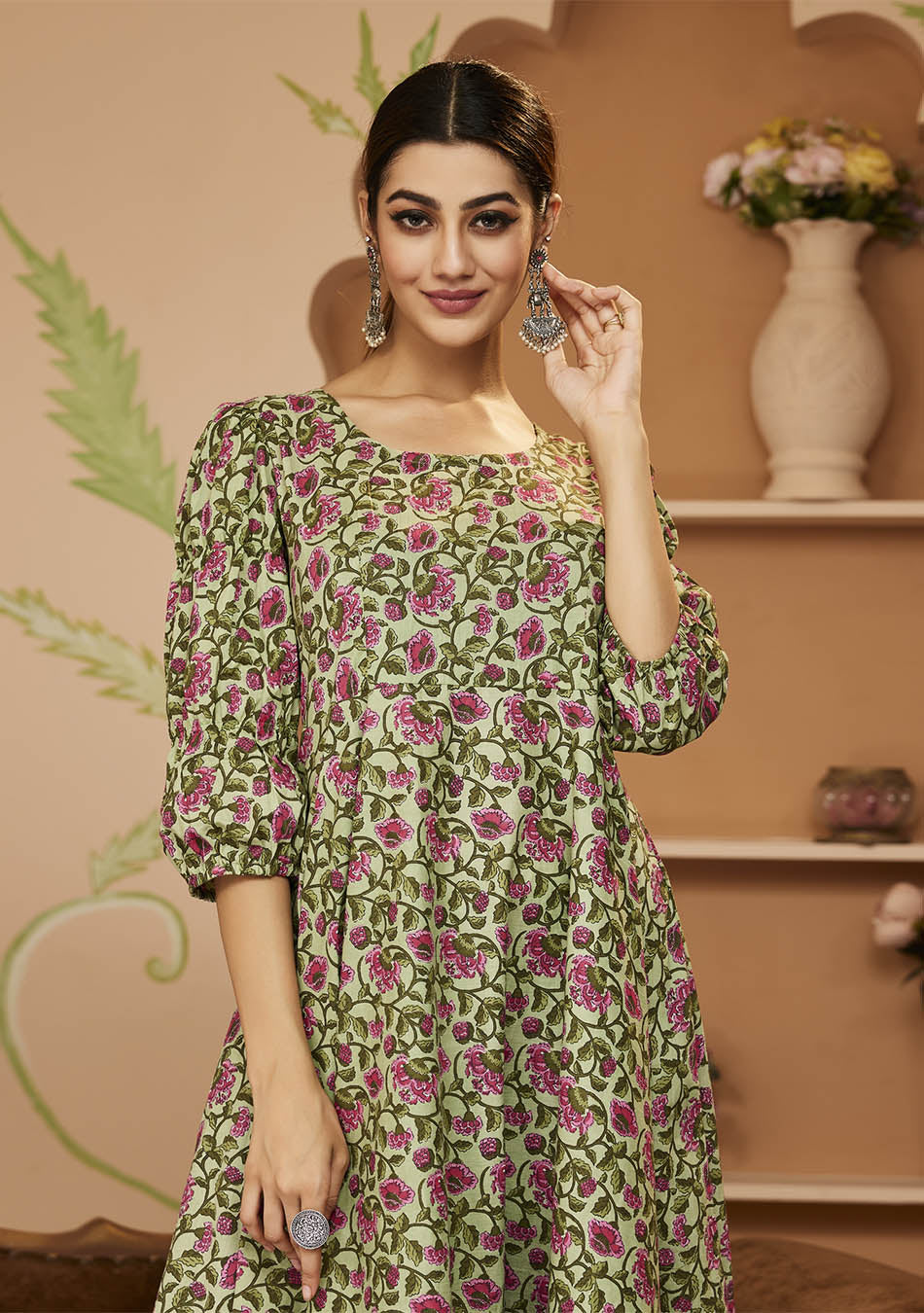 HandBlock Printed Gotta Patti Anarkali Cotton Kurta With Trousers