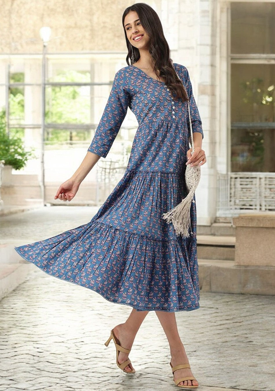 Blue Floral Printed Long dress