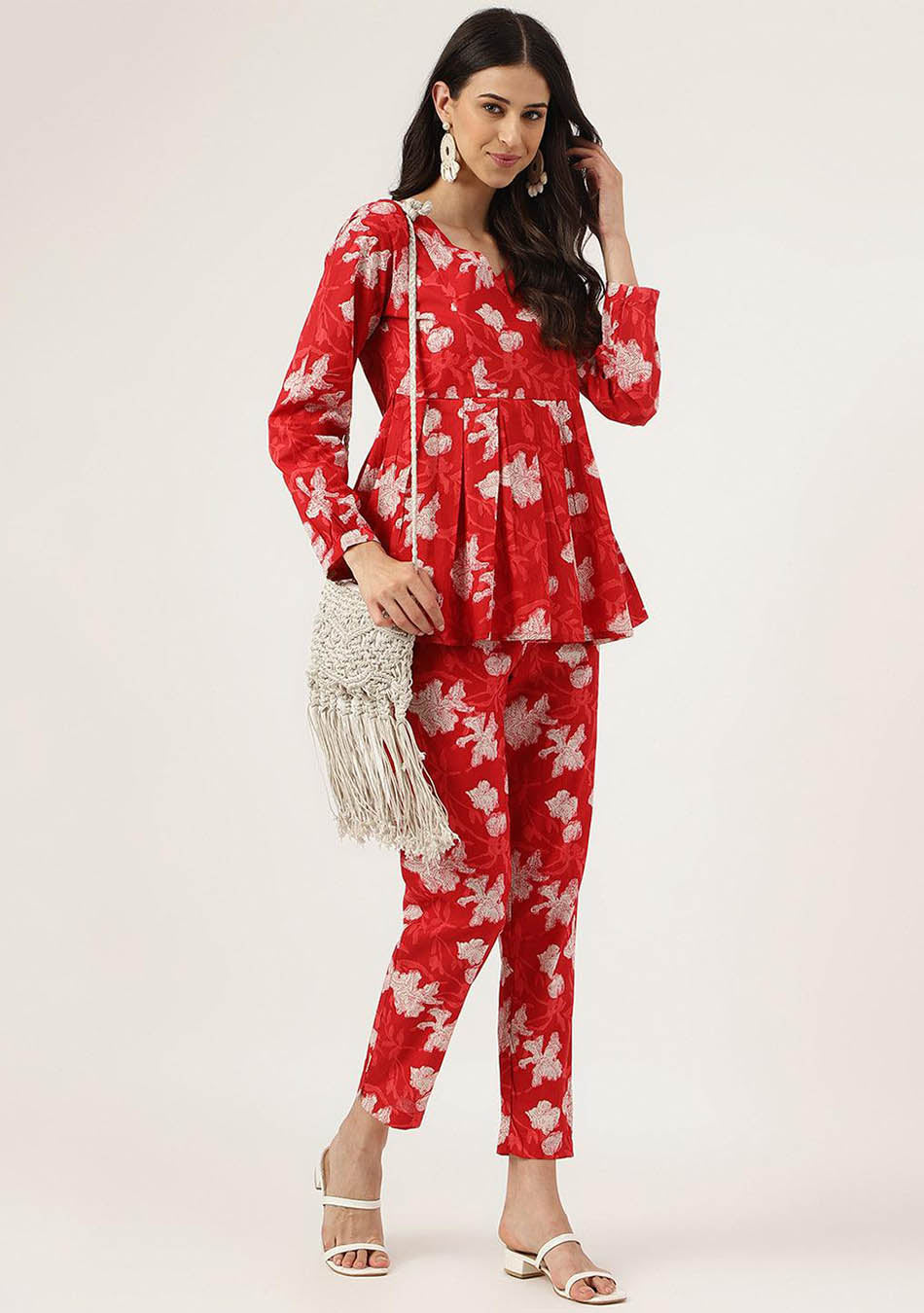 Red Cotton Peplum Top Pant Co-ords Set