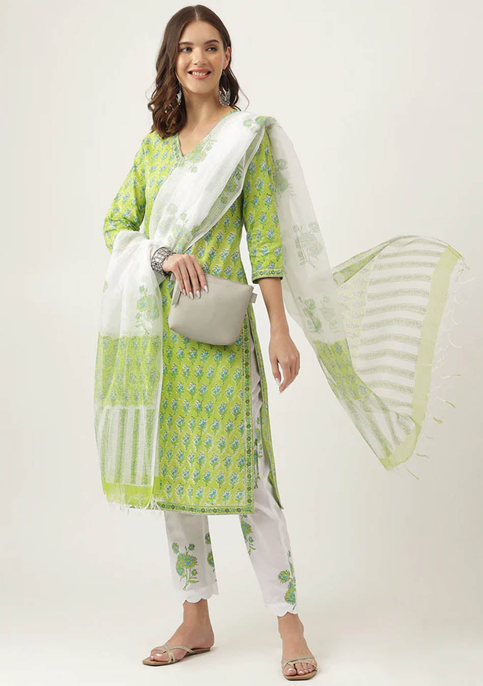 Green Handblock Floral Printed Kurta Trouser & Kota Doria Dupatta Set