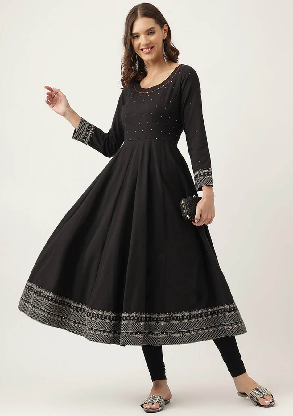 Black Embroidered Cotton Anarkali Kurta