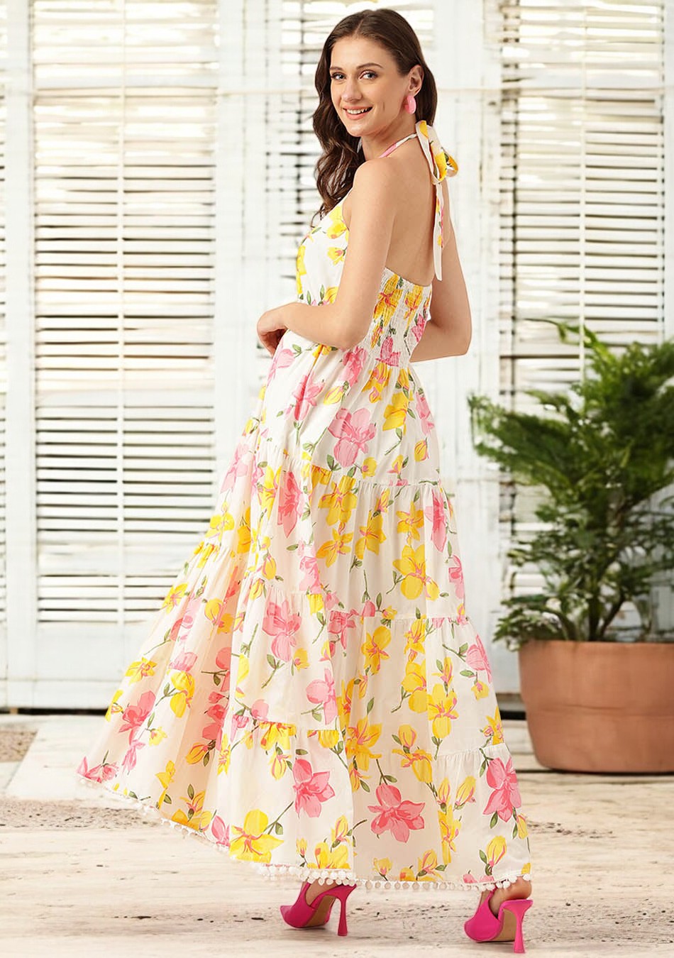 White Floral Printed Casual Maxi Dress