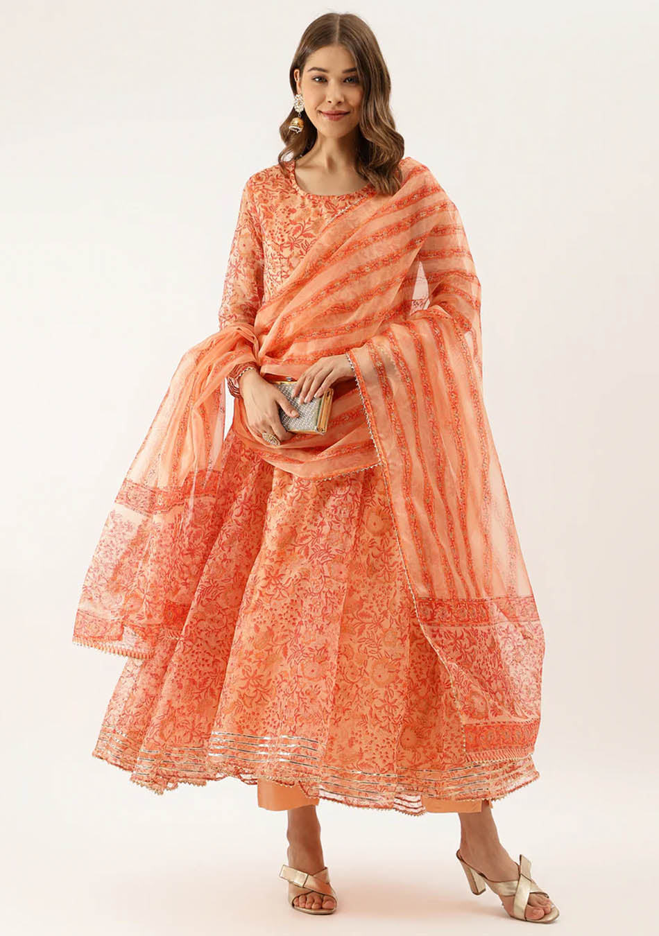 Tangerine Blossom Organza Anarkali Set