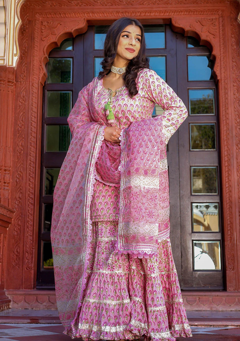 Pink Floral Hand Block Printed Kurta Sharara Set with Dupatta