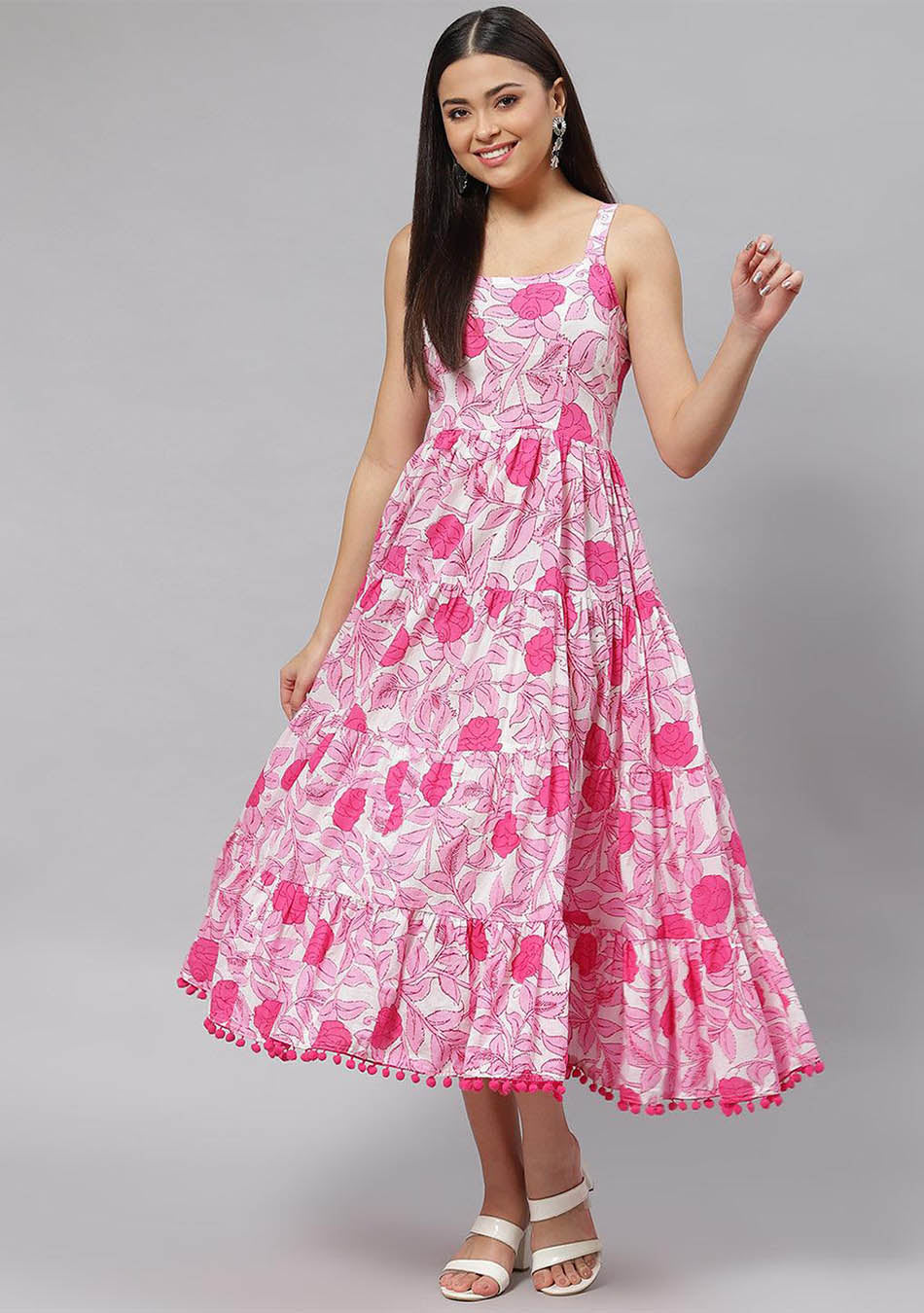 White & Pink Floral Shoulder Strip Long Dress