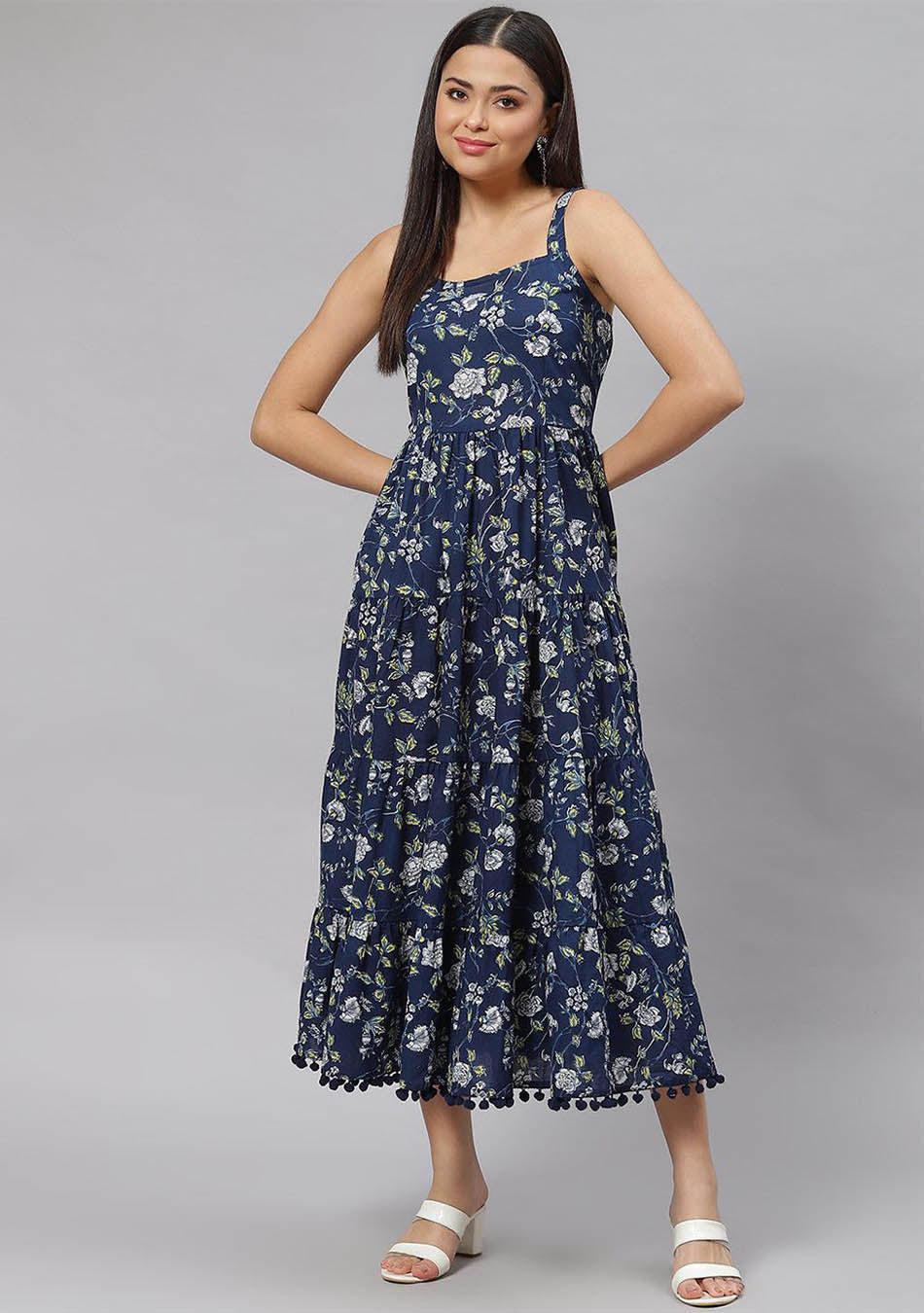 Blue Floral Shoulder Strip Long Dress