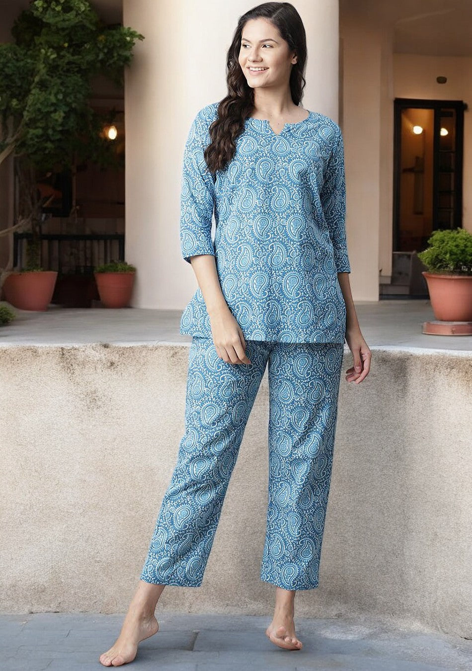 Blue Printed Cotton Nightwear