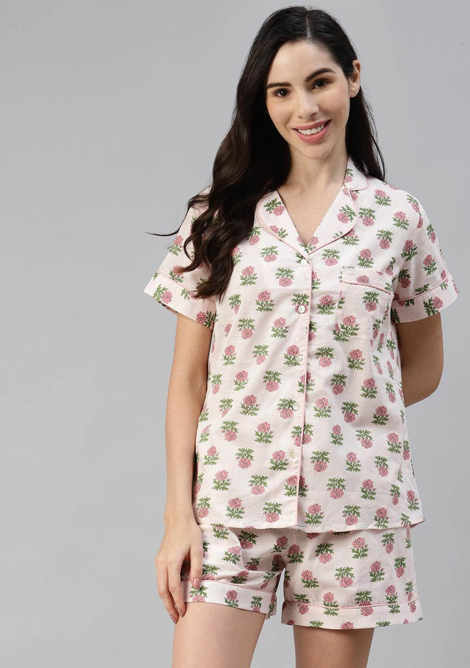 Baby pink Cotton Floral Print Night Suit