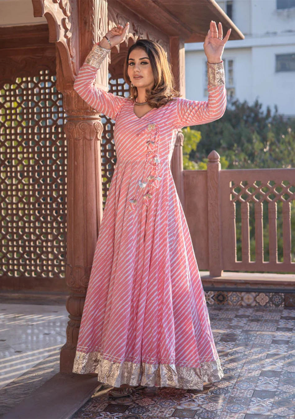 Pink Leheriya Cotton Anarkali With Copper Lace