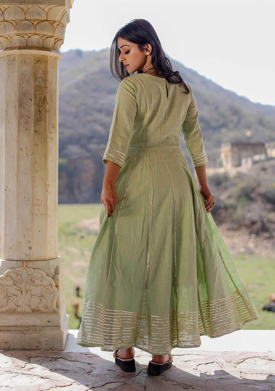 Pastel Green Flaired Cotton Kurta with Pants