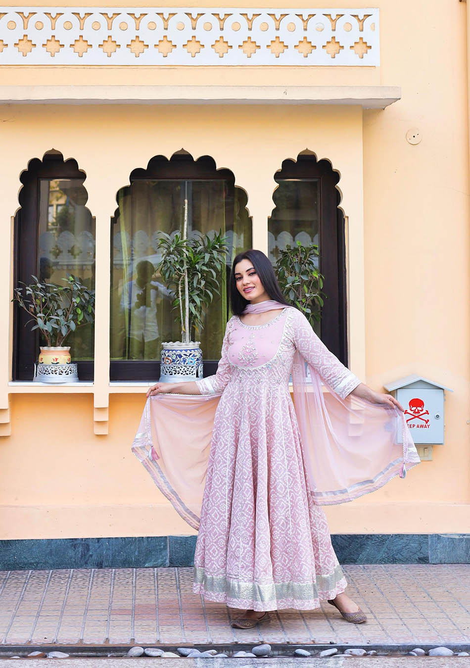 Light Pink Cotton Anarkali Kurta Pant Set with Net Dupatta