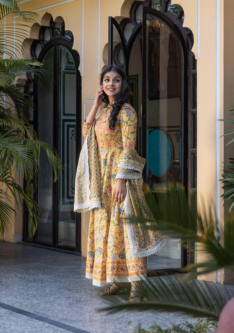 Yellow Floral Anarkali Pant Set with Dupatta
