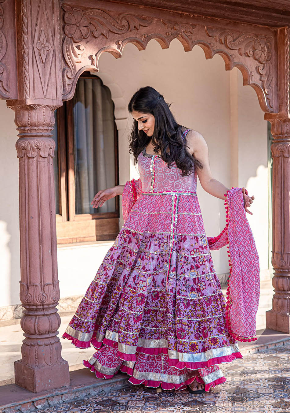 Pink Cotton Sleeve less Anarkali Sharara Set With Dupatta