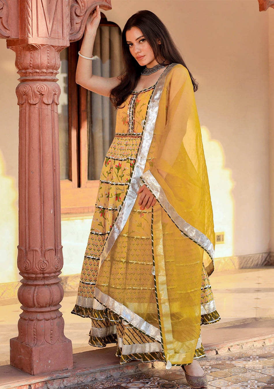 Yellow Cotton Sleeves Less Anarkali Skirt Set With Dupatta