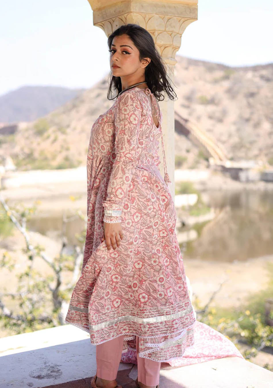Baby Pink Cotton Anarkali Kurta Pant Set With Dupatta