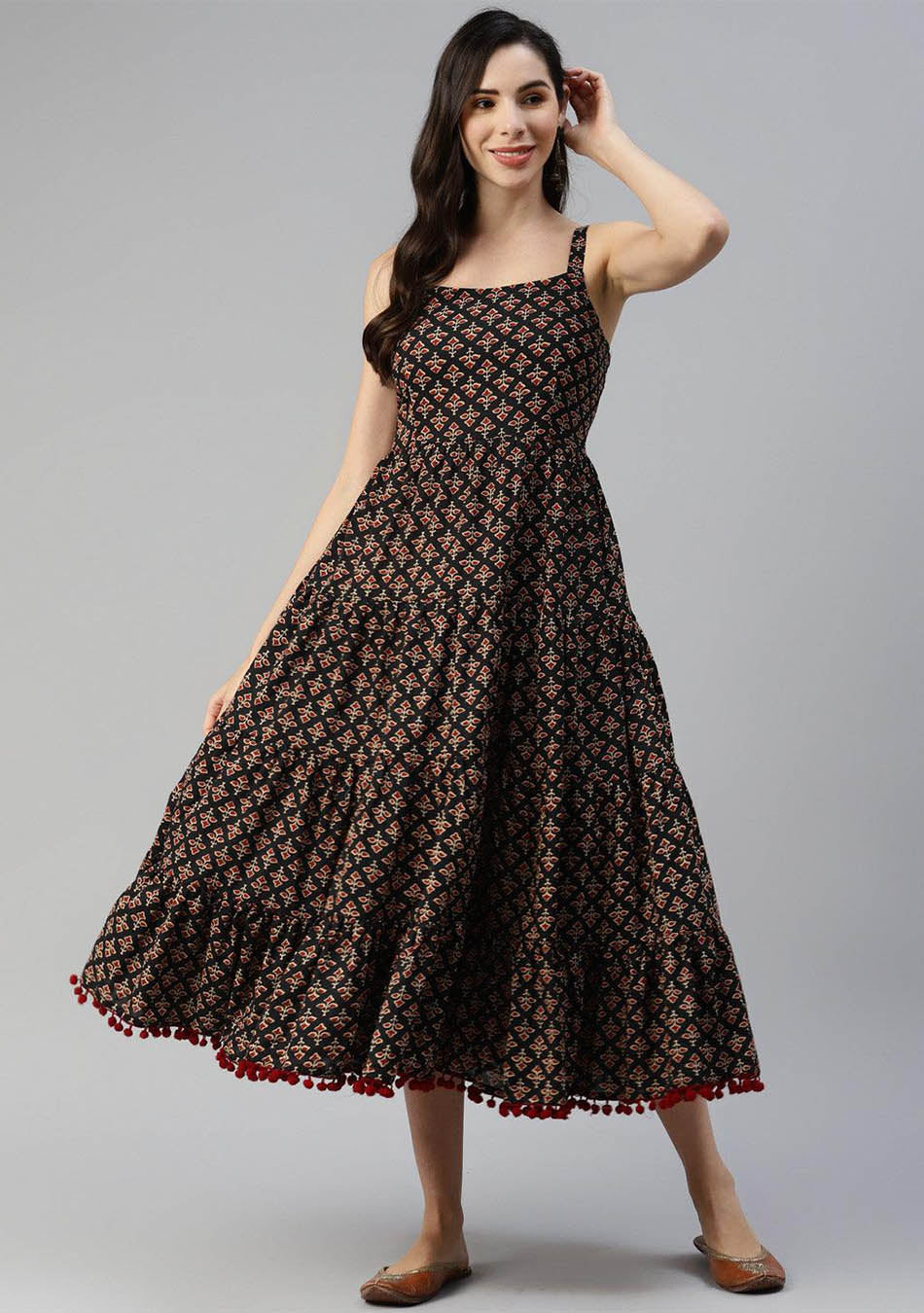 Black Floral Printed Shoulder Strip Long dress