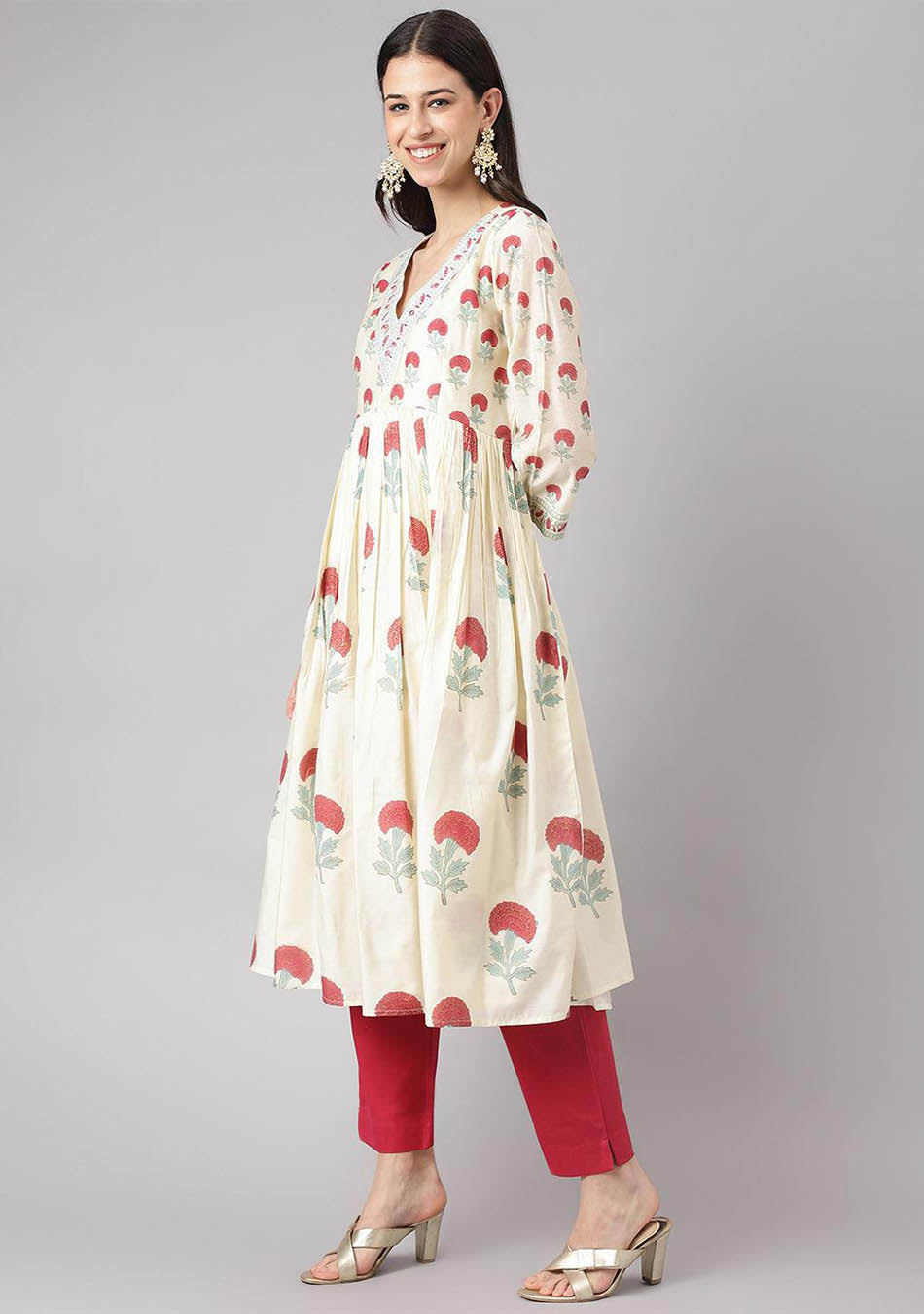Cream Chanderi Floral Anarkali Kurta Pant Set with Dupatta
