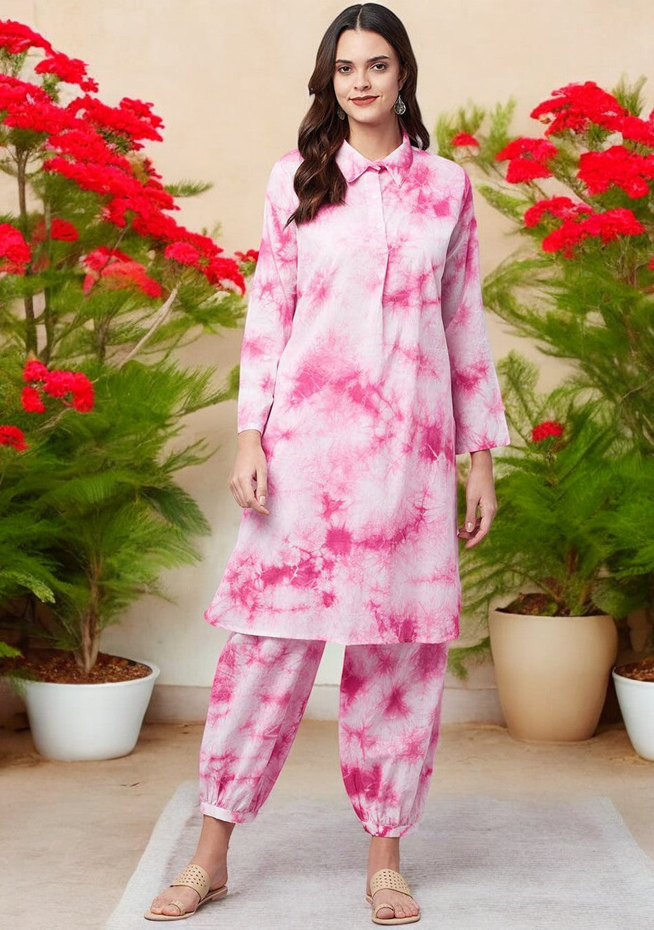Pink Cotton Shirt-Style Kurta with Cuffed Pant Set