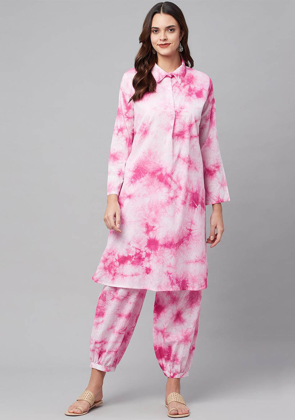 Pink Cotton Shirt-Style Kurta with Cuffed Pant Set