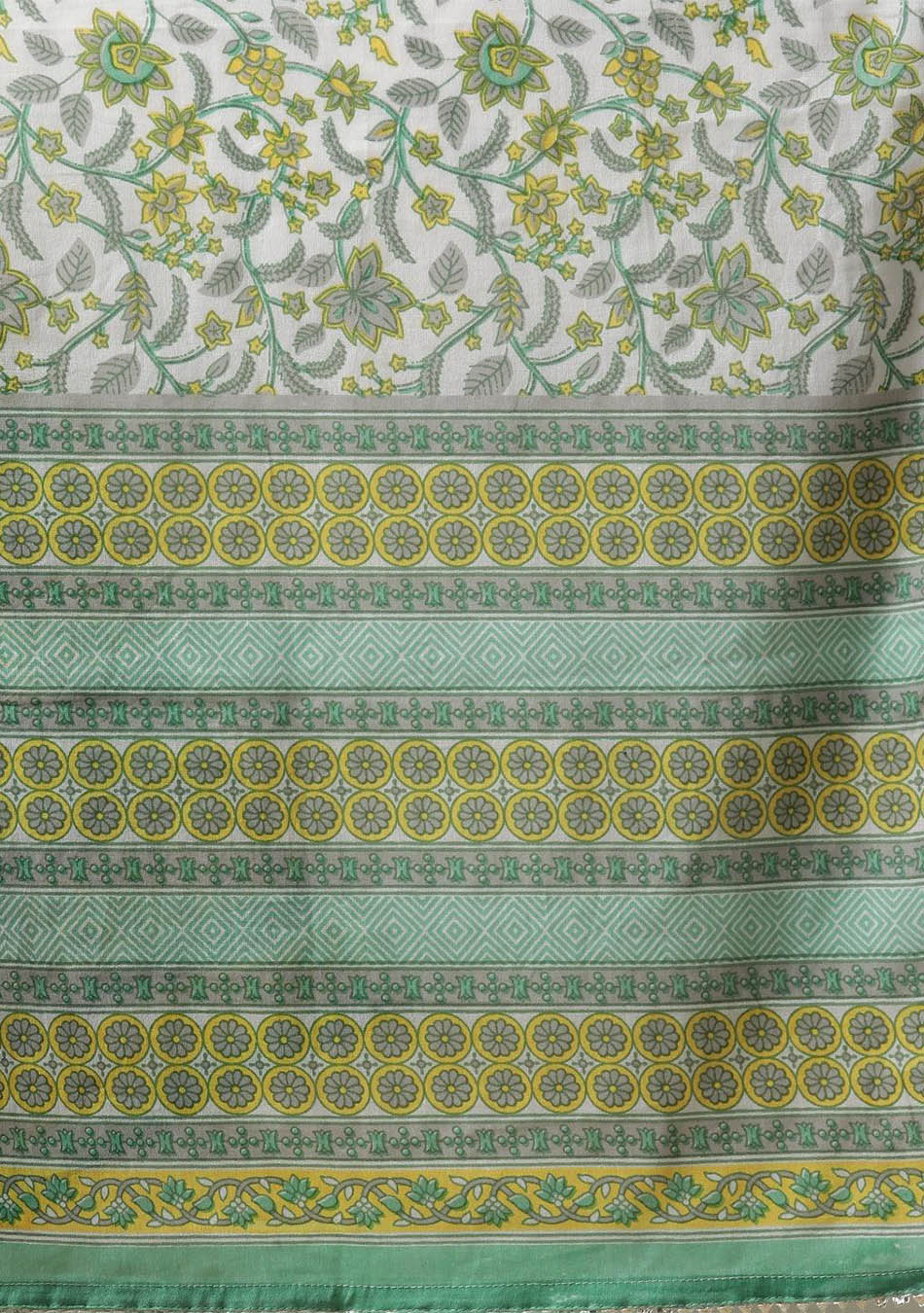 White & Green Floral Print Kurta Pant Set with Dupatta