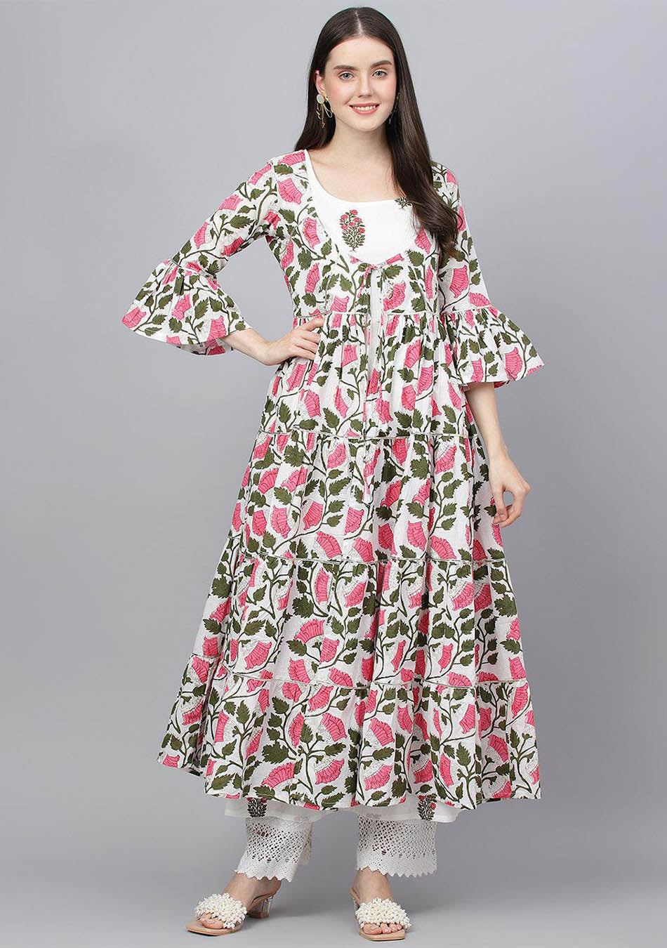 White Floral Cotton Anarkali Kurta with Jacket