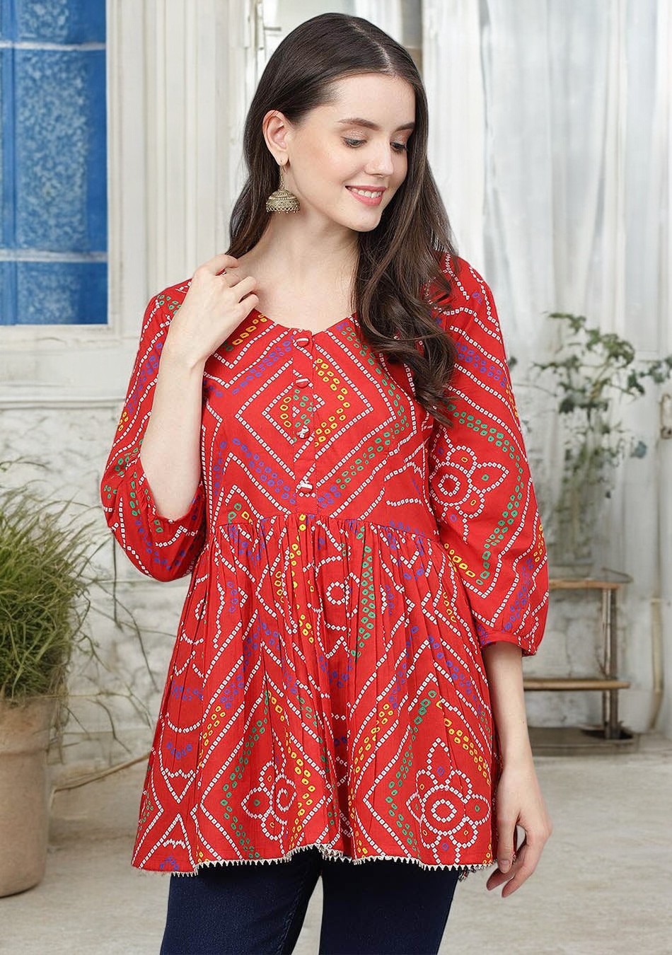 Red Bandhani Printed Cotton Peplum Top
