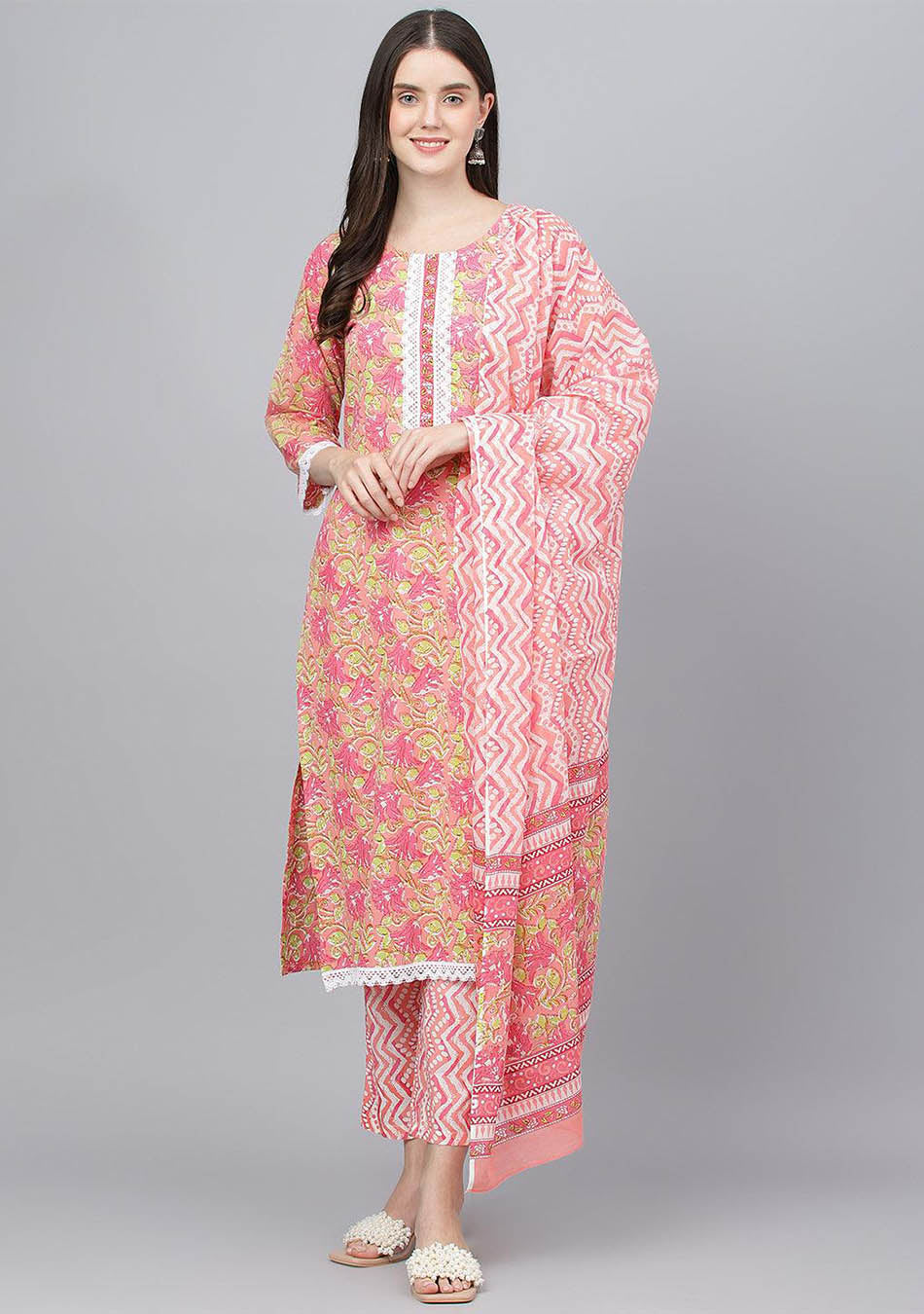 Peach Floral Printed Kurta Pant set With Dupatta