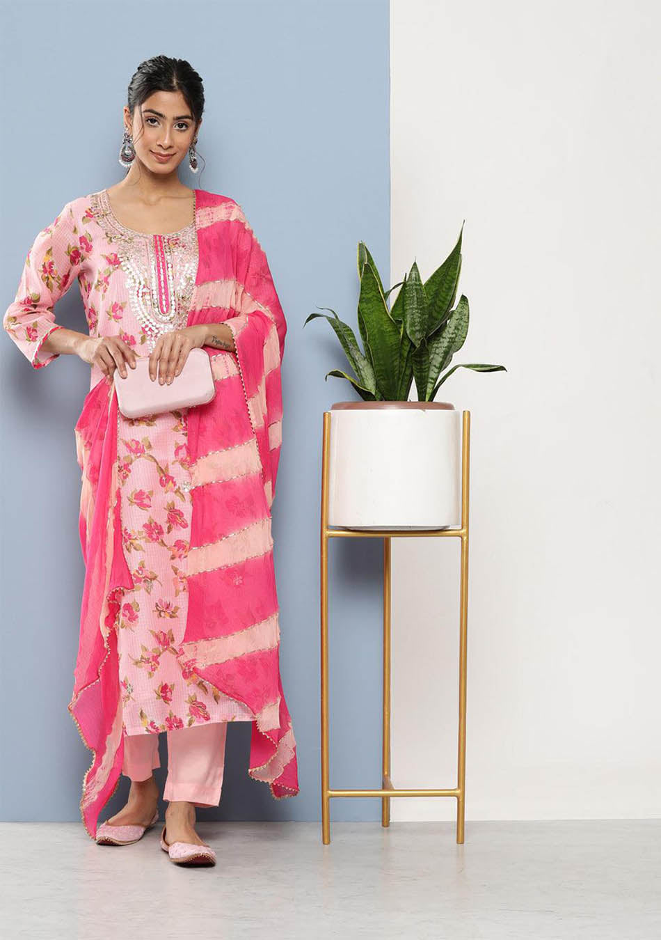 Pink Kota Doria Floral Printed Kurta Pant Dupatta Set