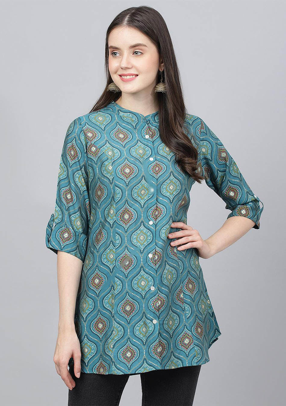 Teal Blue Motif Printed Modal A-Line Shirts Style Top
