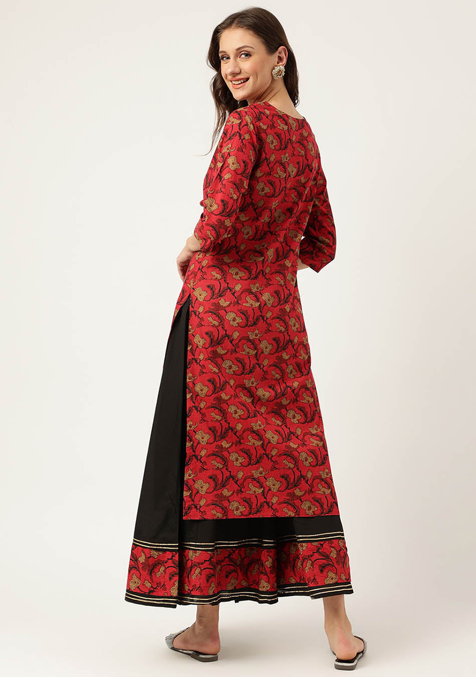 Red Floral Printed Cotton Kurta with Sharara Set