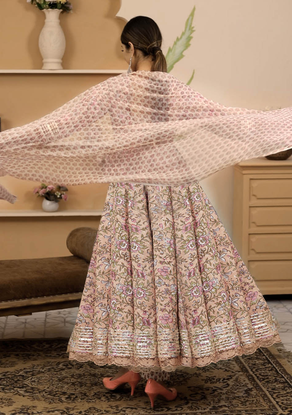 Handblock Printed Beige Anarkali Cotton Kurta With Trousers & Dupatta
