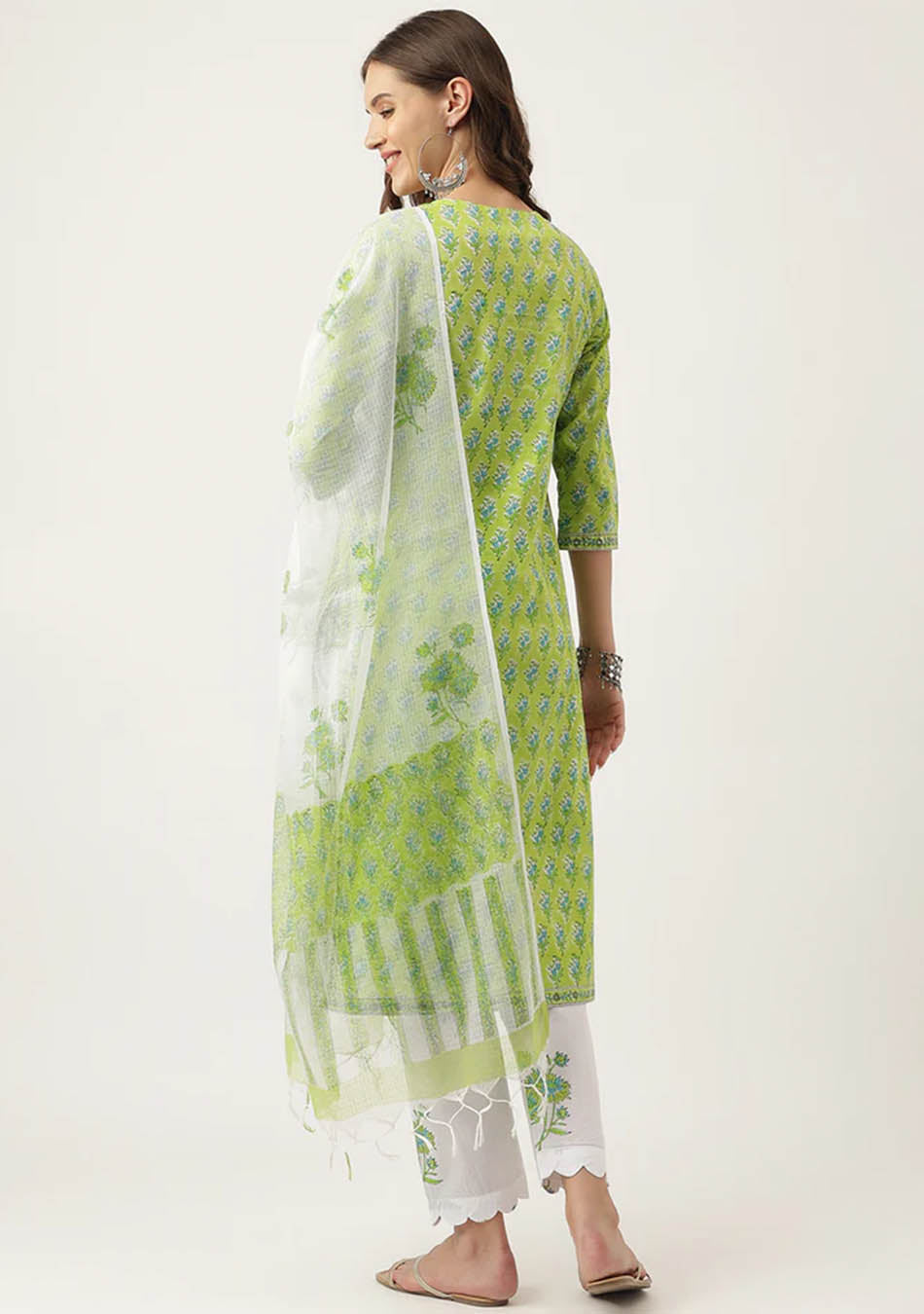 Green Handblock Floral Printed Kurta Trouser & Kota Doria Dupatta Set