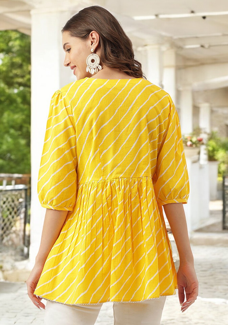 Stripe Printed Yellow Regular Cotton Top