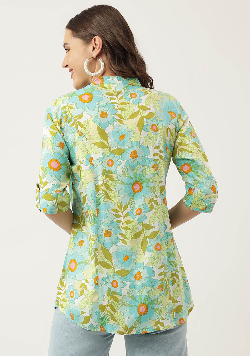 Green Floral Printed Rayon Shirt Style Top