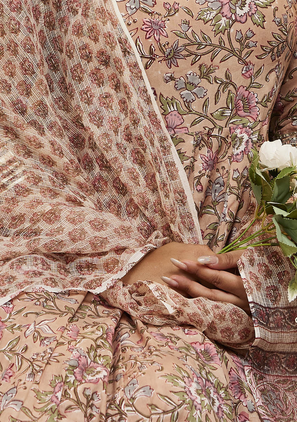 Handblock Printed Beige Anarkali Cotton Kurta With Trousers & Dupatta