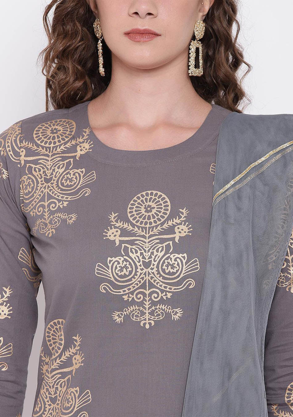 Grey Foil Print Cotton Sharara Set with Net Dupatta