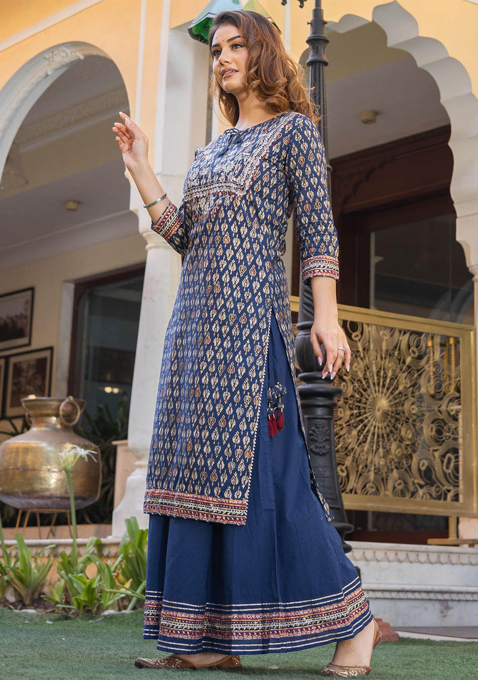Navy Blue Cotton Gota Patti Palazzo Set