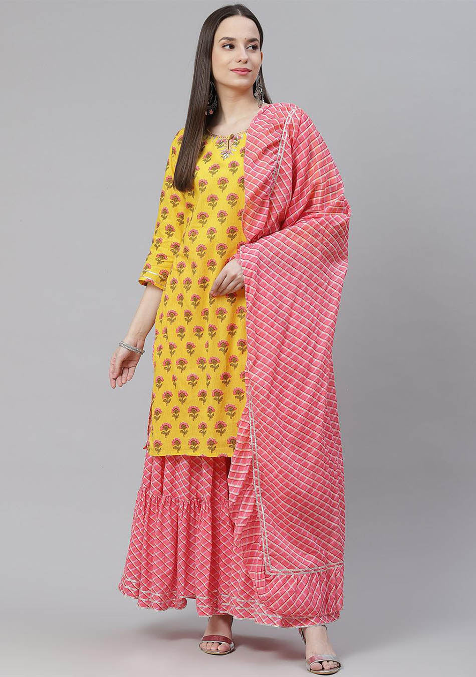 Yellow Printed Kurta with Lahariya Sharara and Ruffled Dupatta Set.