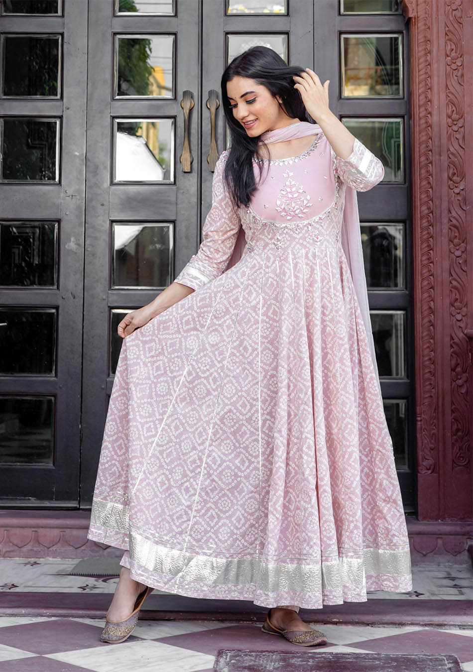 Light Pink Cotton Anarkali Kurta Pant Set with Net Dupatta