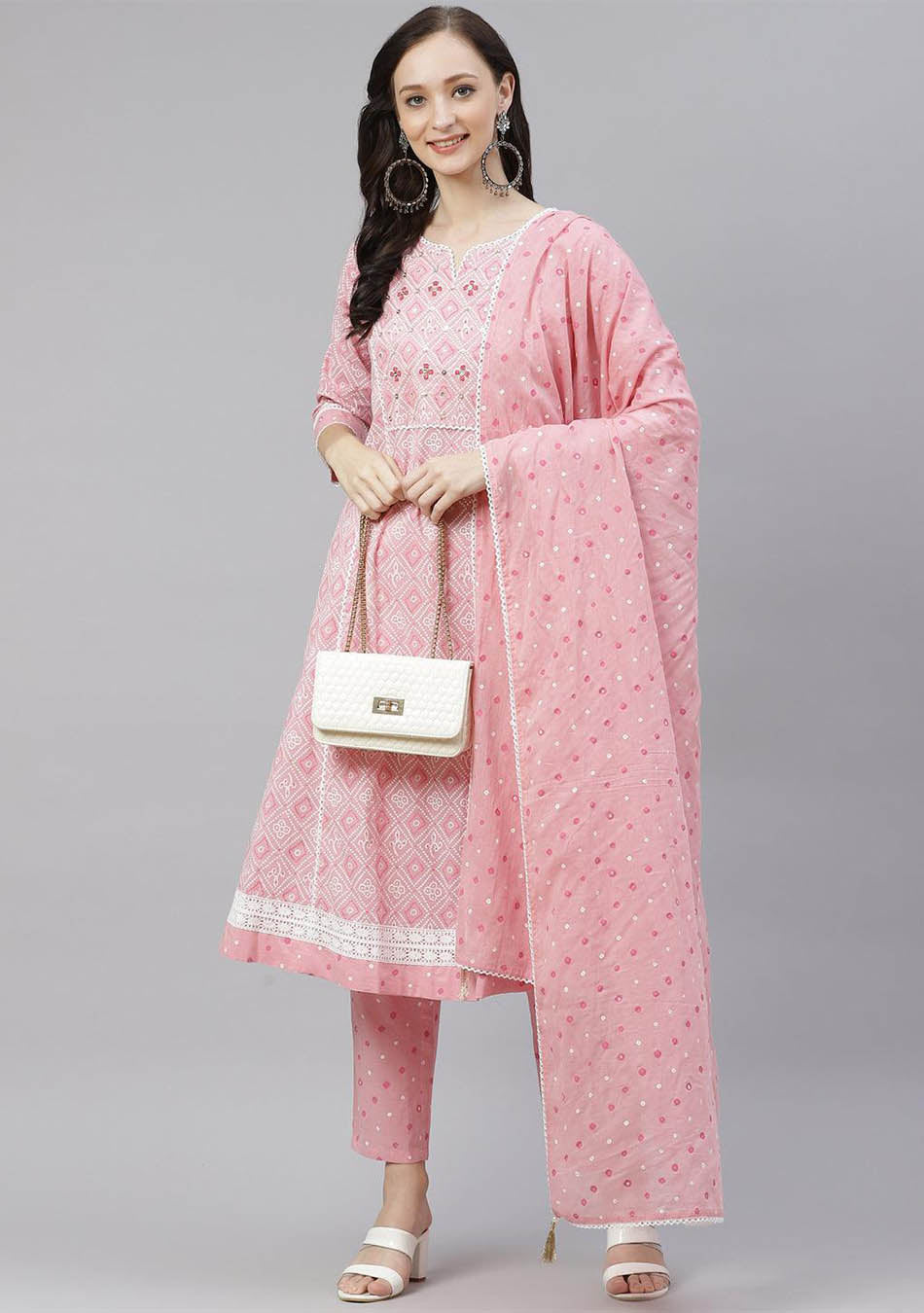 Pink Cotton A-Line Kurta Pant Set with Dupatta