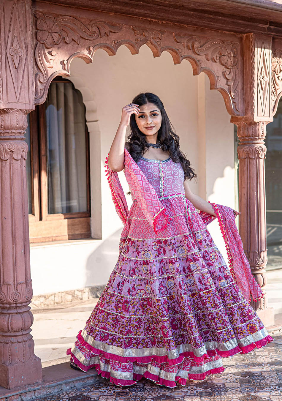 Pink Cotton Sleeve less Anarkali Sharara Set With Dupatta