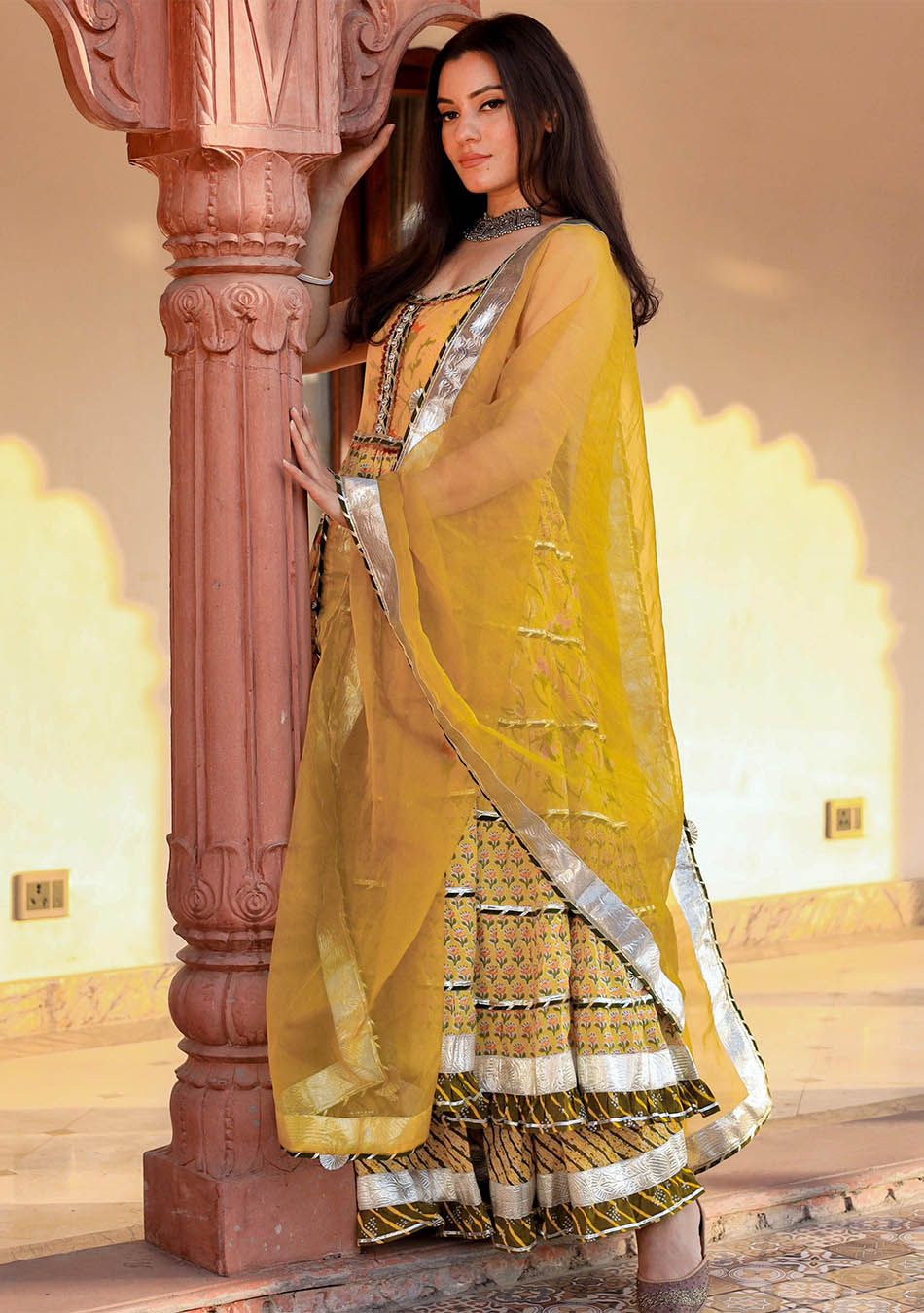 Yellow Cotton Sleeves Less Anarkali Skirt Set With Dupatta
