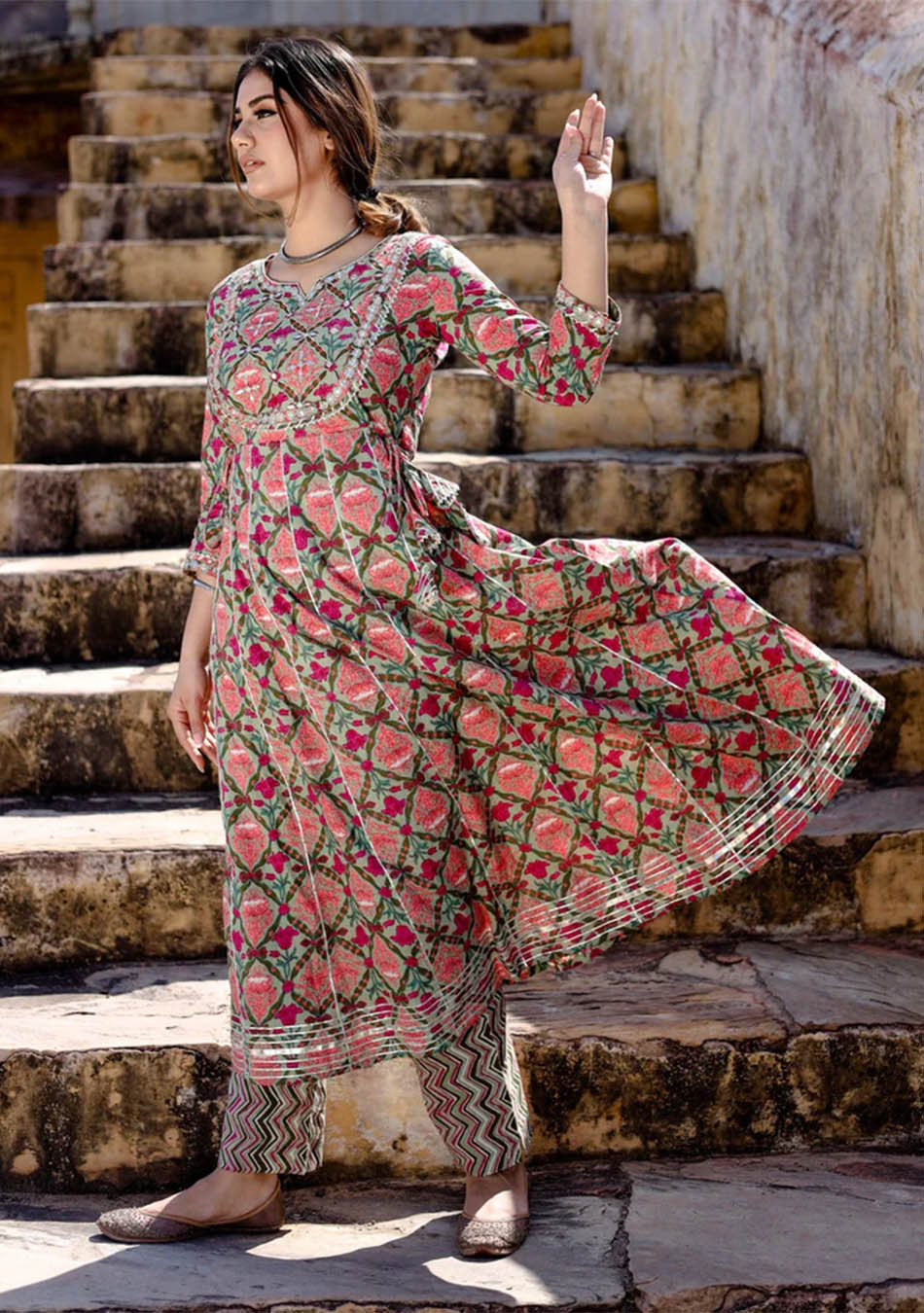 Green Floral Printed Anarkali Kurta Pant Sets