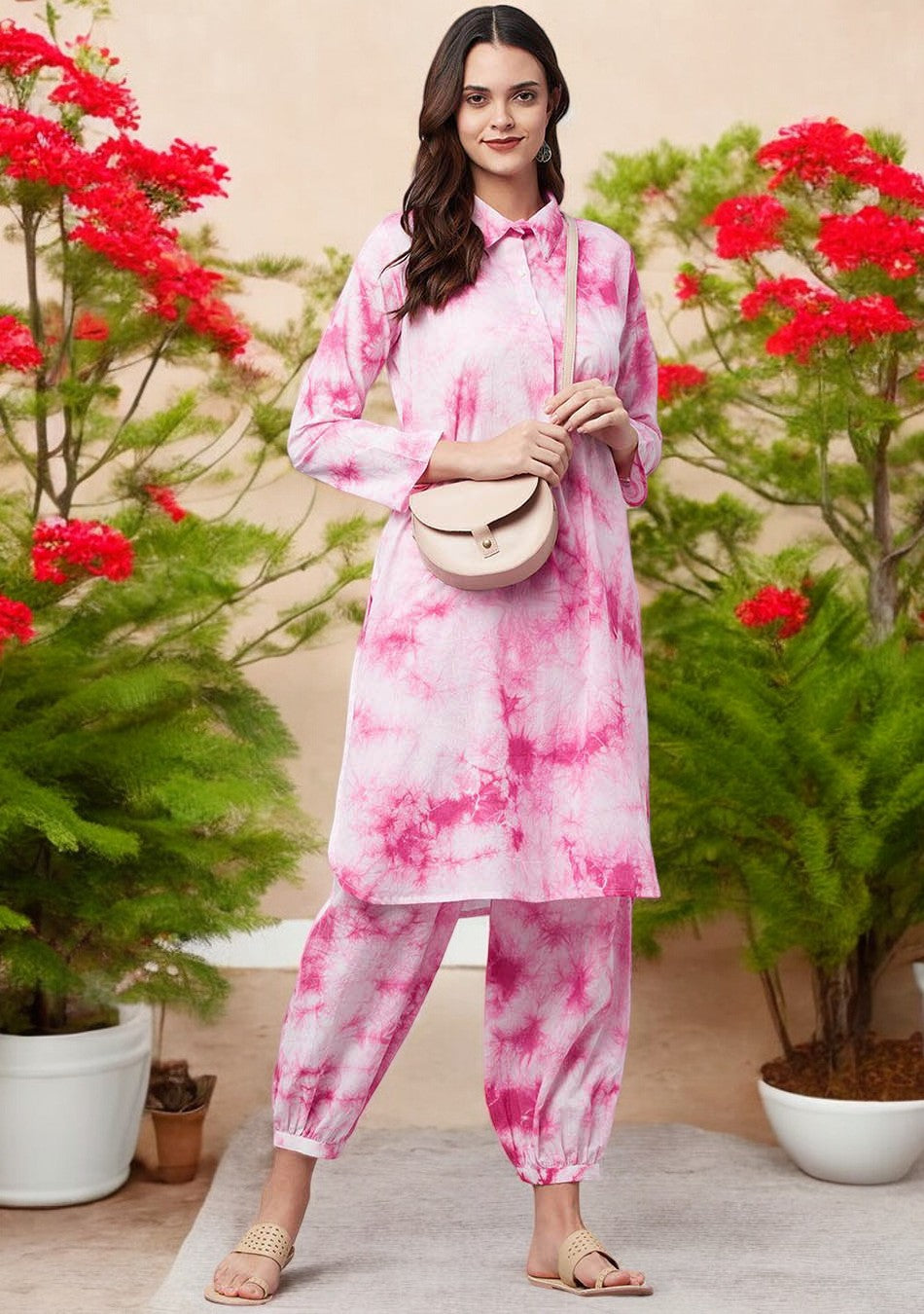 Pink Cotton Shirt-Style Kurta with Cuffed Pant Set