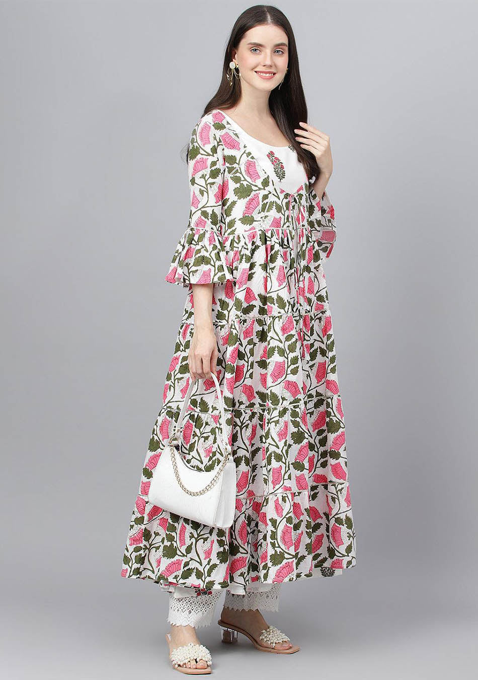 White Floral Cotton Anarkali Kurta with Jacket