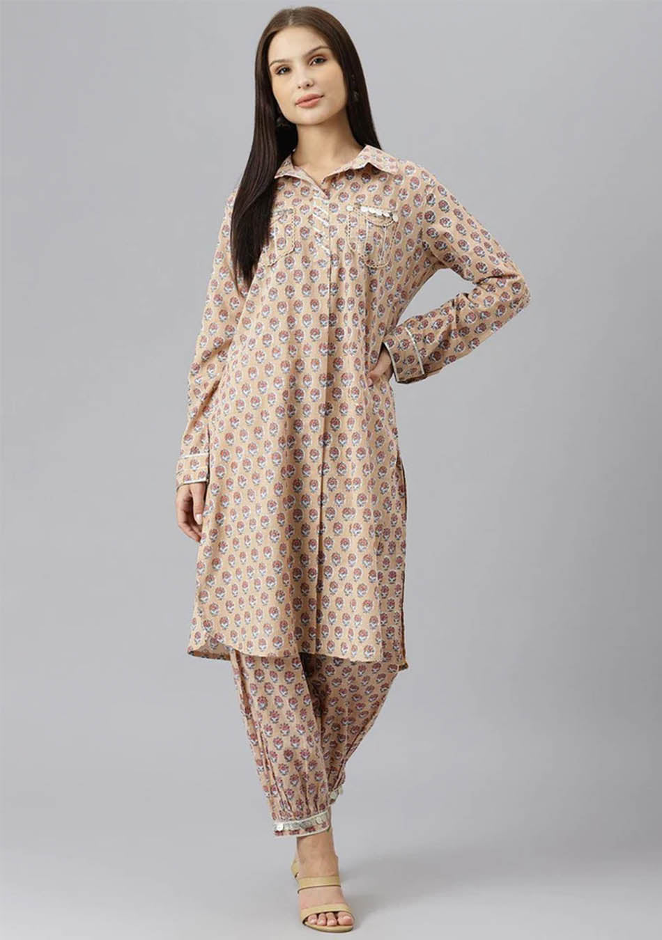 Co-ord Set Amethyst Hue Cotton Collar Kurta & Pants